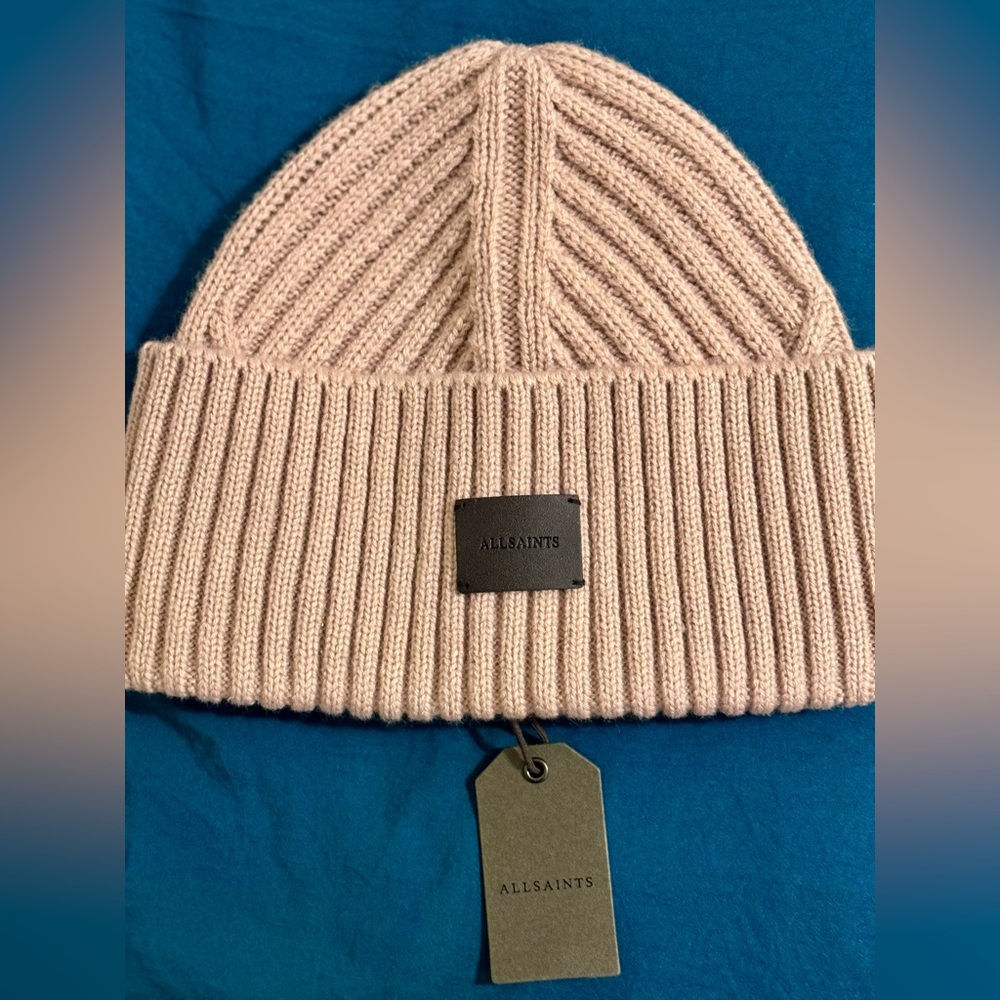 NWT All Saints Traveling Cuff Hat with Patch Cinder Black Marl Wool Blend Beanie